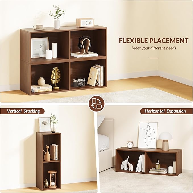 IOTXY DIY Modular Cube Bookcase - CubeXY Customizable Stackable Expandable Basic Shelving Units, 2-Cube Wooden Open Bookshelf for Miscellaneous Storage Organizer, Walnut