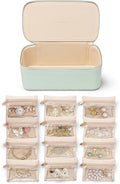 Vlando Jewelry Organizer with 12 Velvet Jewelry Bags Travel Jewelry Case for Girls Premium Petal Hardware Jewelry Box Necklace Rings Earrings Bags Birthday Christmas Gifts for Self-Mint Green