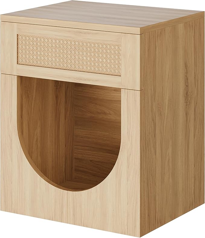 End Table with Drawer, 20 Inch Artificial Rattan Night Stand for Arched Storage or Cat Rest Area, Sturdy Thickened Wood Side Table Bedside Table for Living Room, Bedroom and Apartment
