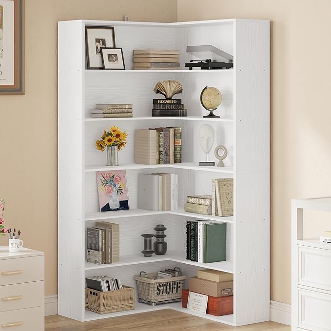 ANCTOR Corner Bookshelf, 6 Tiers Corner Bookcases with Baffles Etagere Shelf Storage Rack for Living Room Home Office, White