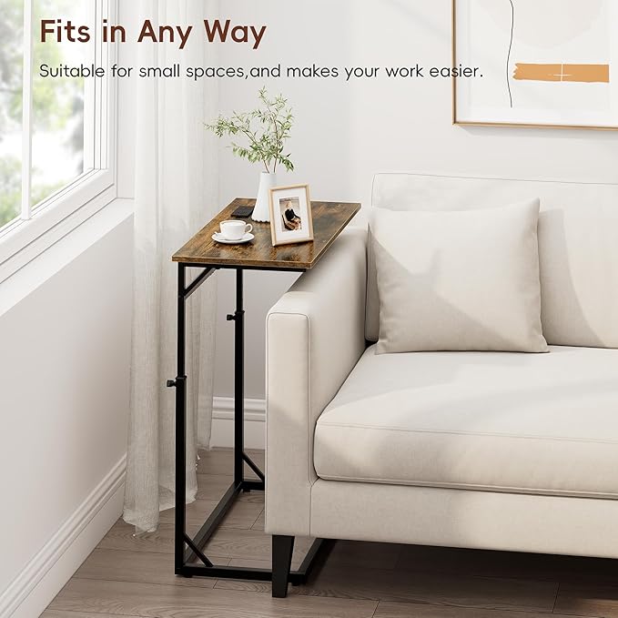 Vagusicc C Shaped End Table with Charging Station, Large C-Table End Table Adjustable Height Side Table for Couch, Couch Table Slide Under Sofa Table TV Tray Table for Sofa, Living Room, Bedroom,Brown