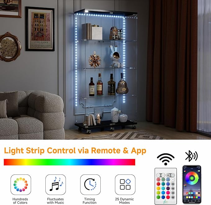 Tempered Glass Display Cabinet with Light Strip, 4-Tier Curio Cabinet with Glass Doors Wheels Locks, Glass Display Case for Collectibles for Living Room, Bedroom, Office, Black, Double Door