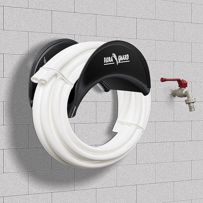 FLORA GUARD Garden Hose Holder, Heavy-Duty Hose Hanger, Holds Up to 125 ft, Garden Rack Wall Mount for Outside, Rust and Slip Resistant, Black