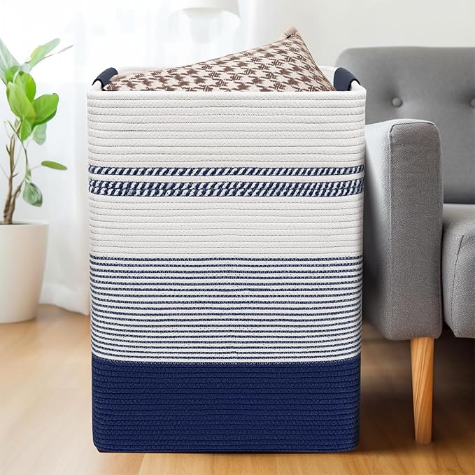 DOFASAYI Laundry Basket - 85L Large Woven Baskets for Storage - Cotton Rope Laundry Hamper, Decorative Storage Basket for Blankets, Clothes Hamper for Living Room, Bedroom, Dark Blue & White