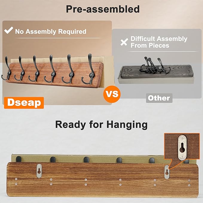 Dseap Coat Rack Wall Mounted - 24" Long 6 Tri Hooks, Heavy Duty Wooden Wall Coat Hanger Coat Hook for Clothes Hat Jacket Clothing, Weathered Light Natural and Black