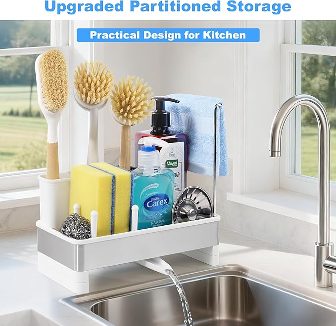 Kitchen Sink Caddy Organizer with Dish Brush Holder, Stainless Steel Sponge Holder with Dish Cloth Rack, Soap Sponge Caddy for Kitchen Countertop Sink Organizer and Storage Essentials