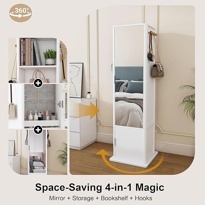 Montary 360° Rotating Makeup & Jewelry Cabinet with Full-Length Mirror - Standing Storage Organizer with Coat Rack, 4-Tier Open & Built-in Shelves, White