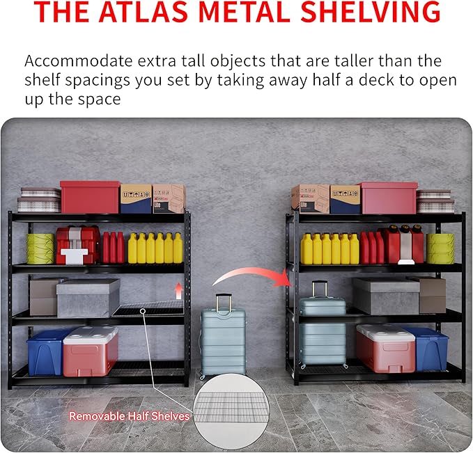 The Atlas 77” Ultra Wide 4-Tier Metal Garage Shelving 10,000 lbs Capacity, 77" W x 24" D x 72" H Heavy Duty Storage Rack, Adjustable Industrial Shelves for Shop Warehouse Basement Pantry