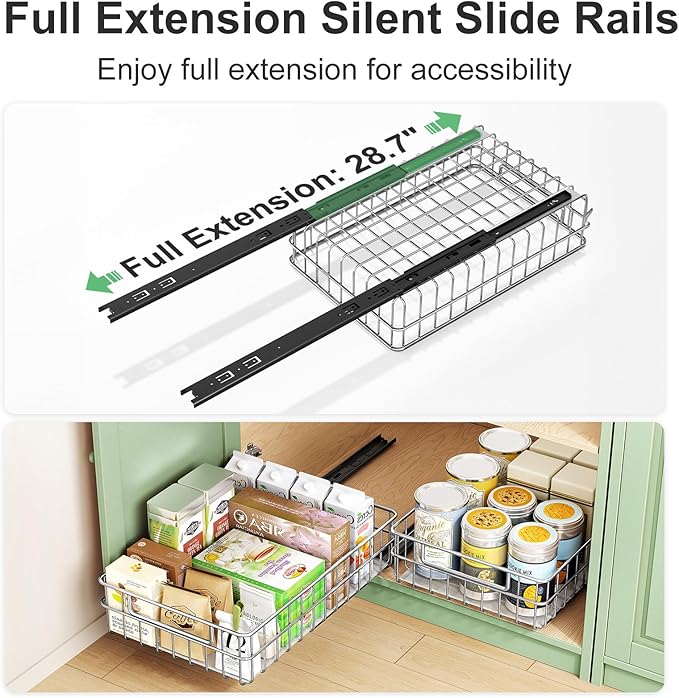 Pull out Cabinet Organizer, Stainless Steel 4-Pack Slide out Drawer with Silent Full-Extension Slides, Adhesive Roll out Can Spice Storage Basket Shelf Rack for Pantry, Kitchen, Bathroom, Home Closet