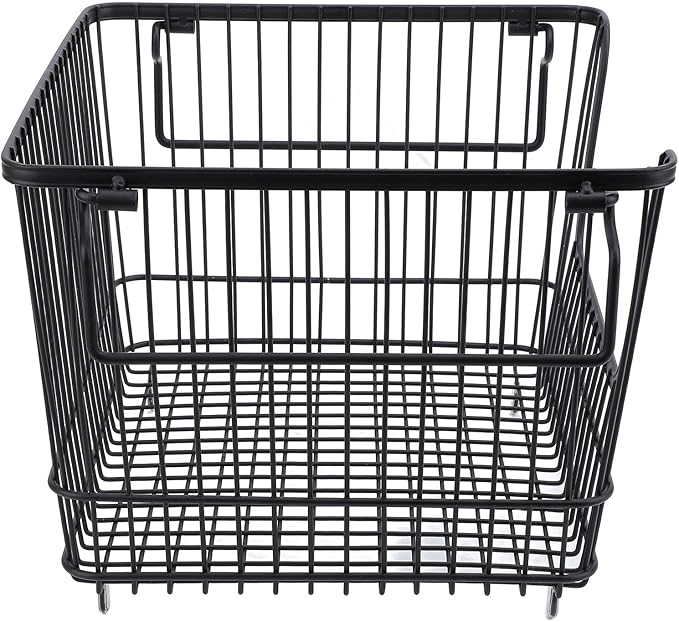 Freezer Organizer Bin, Stackable Wire Basket for Freezer, Heavy Duty Metal Storage Basket with Easy Access Front Opening, for Fruits Meat Vegetables in Kitchen Home Use, Bl