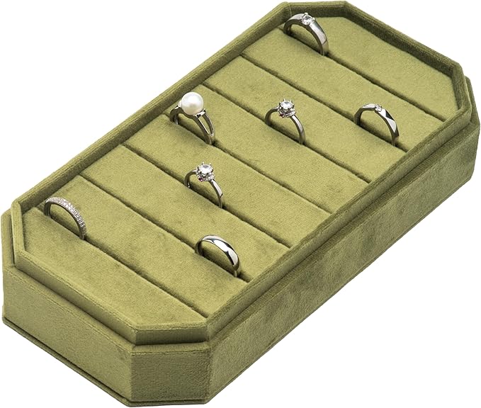 Velvet Ring Organizer Display Tray Jewelry Box Earring Holder Case for Wedding Birthday Christmas Day (Olive Green)