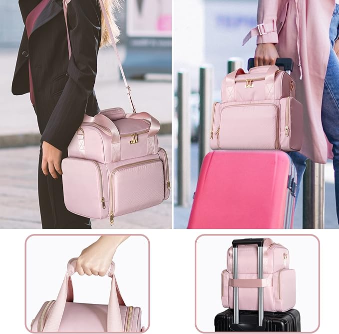 Large Makeup Cosmetic Bag with 3 Removable Case, Double Layer Travel Makeup Organizer Case with Inner Dividers and Makeup Brushes Storage Section, Pink (Patented Design)