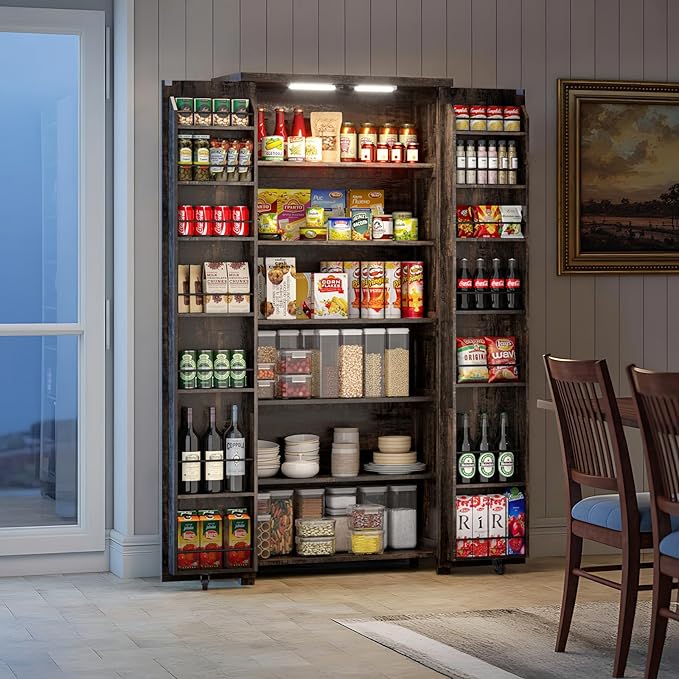 Farmhouse Kitchen Pantry Cabinet, 72" Tall Storage Cabinet with Adjustable Shelves，Farmhouse LED Food Storage with 2 Barn Doors for Kitchen, Dining Room, Living Room