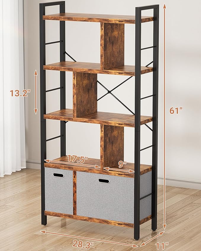 Armocity Bookshelf with Drawers - 5 Tier Tall Bookcase Geometric Modern Book Shelf Display Standing Bookshelves with Storage for Living Room, Bedroom Home Office, Rustic Brown