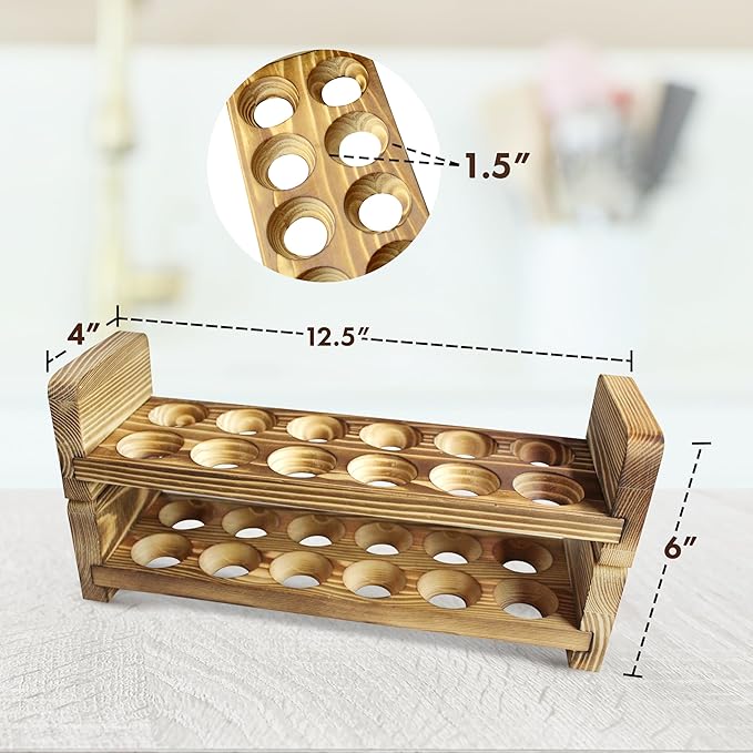 Expandable Stackable Wooden Egg Holder Countertop for 24 Eggs, Rustic Kitchen Decoration, Two-Piece Compact Egg Rack for Counter - Chicken Decor - Gui's Chicken Coop (Double Rack)