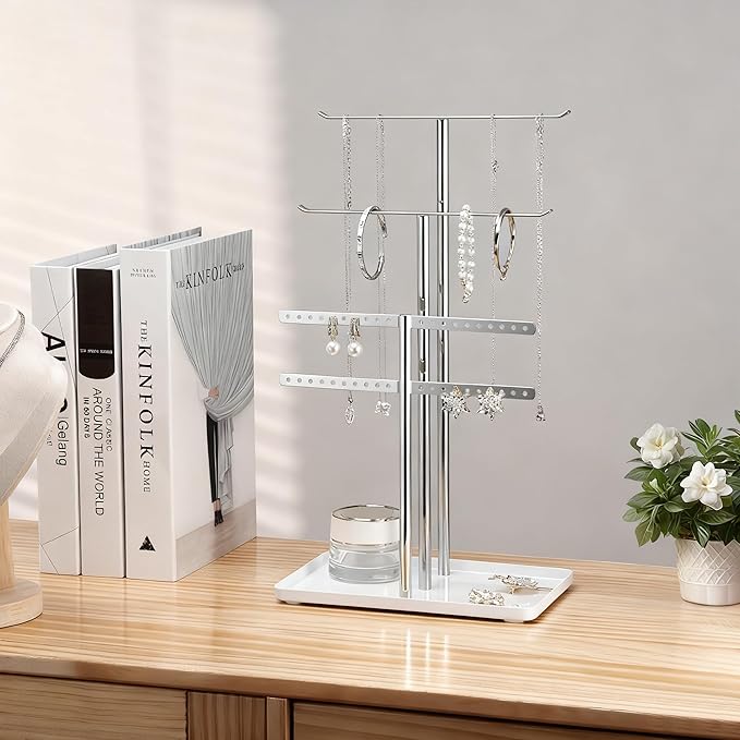 pickpiff Silver Jewelry Stand Holder Organizer: 14.5" Sturdy Hanger for 80 Pcs Jewelry, Chrome Jewlery Tower for Display Necklace, Earring, Bracelet, Watch