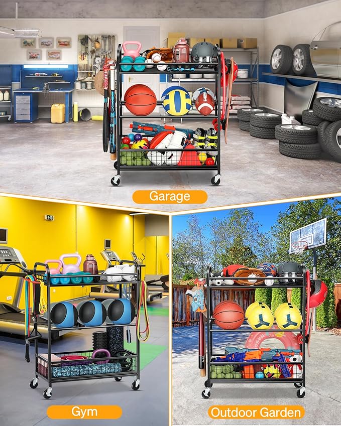 Ball Storage Sports Equipment Organizer - Garage Storage Cart Rolling Ball Storage Rack with Hooks Wheels Outdoor Indoor Gym Gear Toy Holder Bin for Basketball, Baseball, Soccer