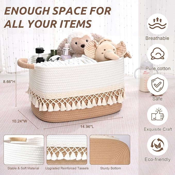 3 Pack Storage Basket for Shelves, Boho Cotton Rope Storage Bins with Heavy Tassel, Shelf Baskets Large Woven Baskets for Organizing, Cube Organizer Bins, Baby Laundry Basket for Clothes, Toys, Pets