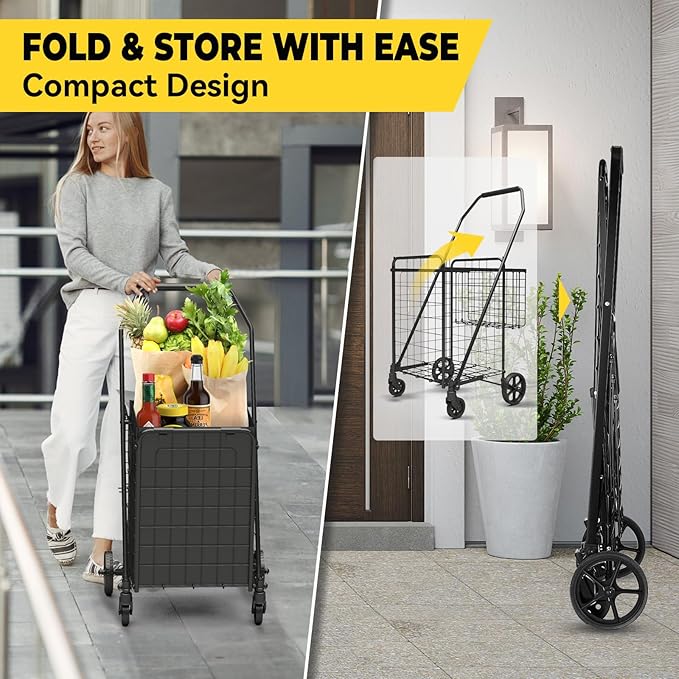 3.7 Cu Ft Folding Shopping Cart - 380 LB Capacity Grocery Cart with 360° Braked Swivel Wheels - Heavy Duty Utility Cart with Double Basket & Removable Waterproof Liner with Lid for Laundry