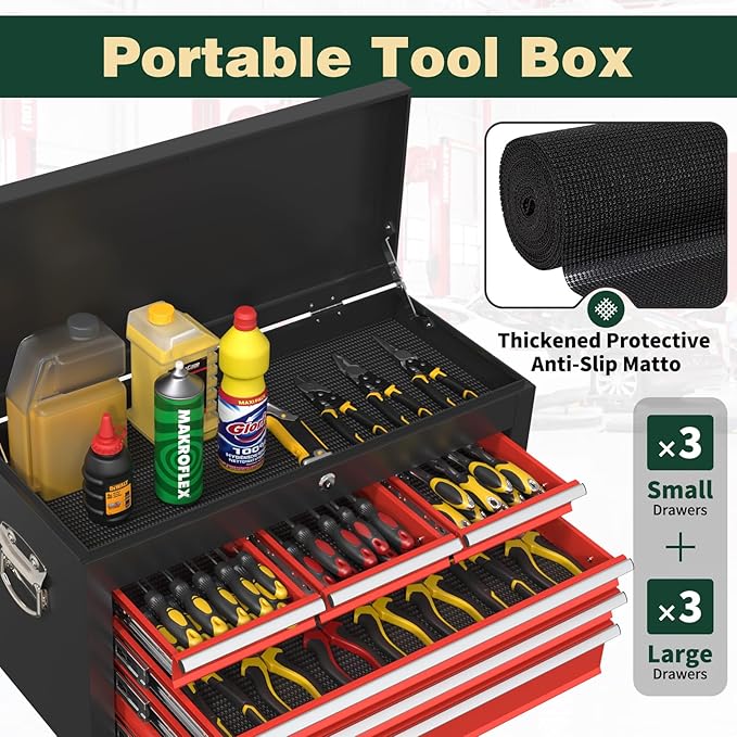 8-Drawer Heavy Duty Tool Chest with Wheels - Industrial Rolling Tool Box, Lockable Drawers & Smooth Glide System for Mechanics, Garage, Auto Repair Shop(BlackRed)