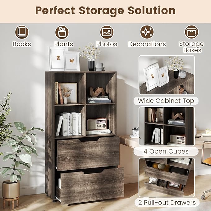 GOFLAME 4-Tier Bookcase with 2 Drawers, 51” Tall Bookshelf with 4-Cube Open Shelf, Wood, Modern, Freestanding Display Storage Organizer Shelf for Living Room, Home Office (1,Gray)
