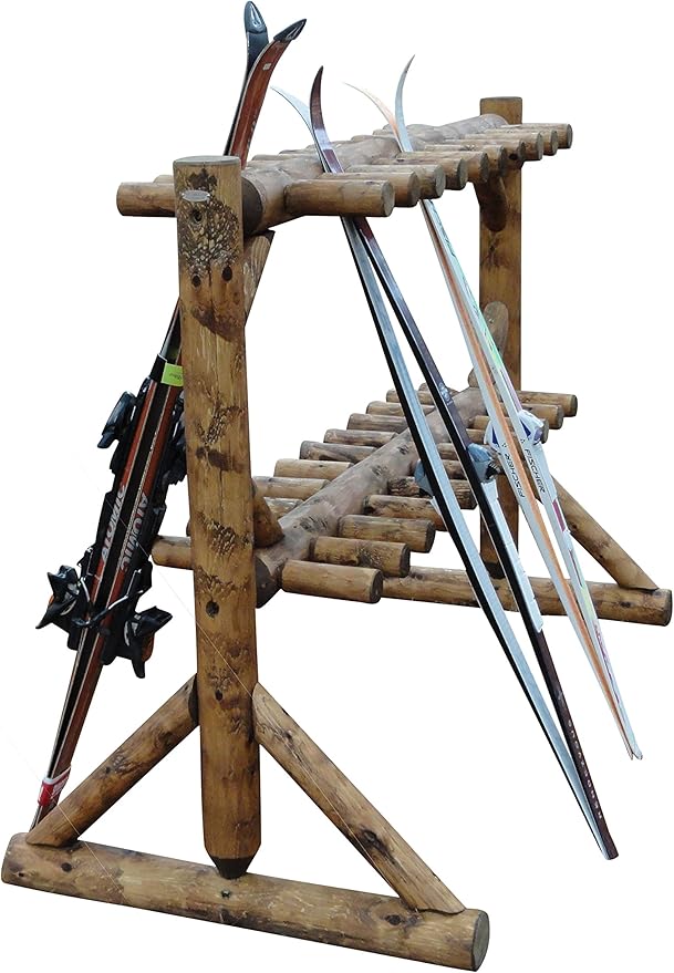 17-Place Freestanding Log Ski Rack Holder, Indoor & Outdoor Snowboard Racks, Standing Storage, Garage Racks for Snow Skis, Durable Snowboard Rack Garage Storage Organizer - Canyon Brown