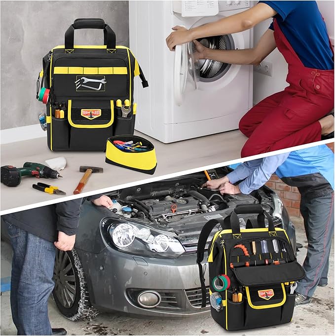 Tool Bag Backpack with Zipper Pouch and Magnetic Attraction Area, Heavy-Duty Tool Storage Organizer Bag, Tactical Work Tool Bag for Electrician, Repairman, HVAC Techs, Black