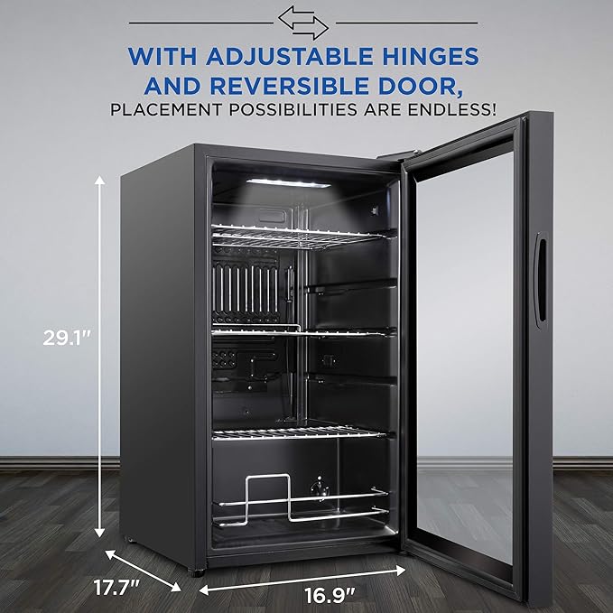 Ivation 101 Can Beverage Refrigerator , Freestanding Ultra Cool Mini Drink Fridge , Beer, Cocktails, Soda, Juice Cooler for Home and Office , Reversible Glass Door and Adjustable Shelving - Black,IVABC1010B