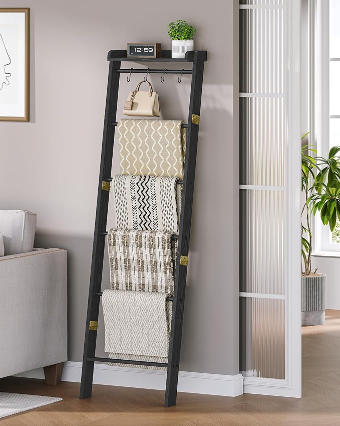 Blanket Ladder Shelf, Decorative Quilt Rack, 7-Tier Farmhouse Ladder Holder Organizer with 4 Removable Hooks, Black BR36804B