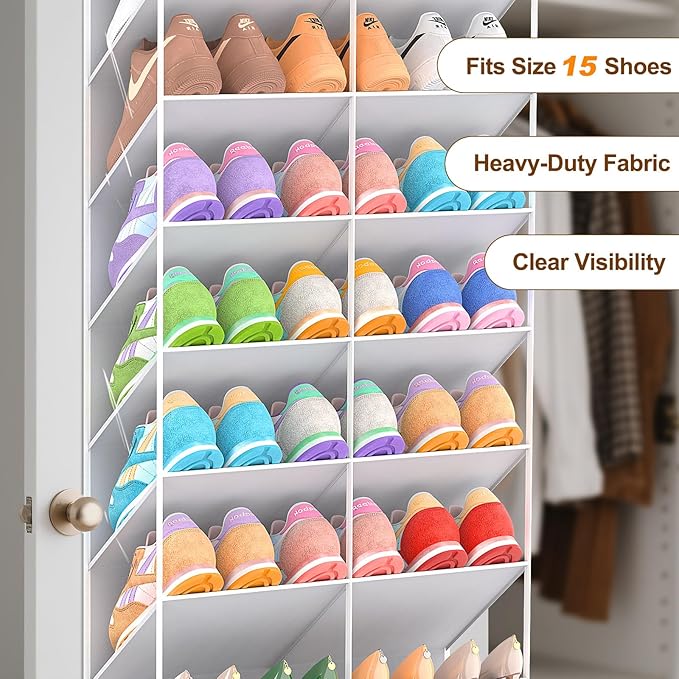 30 Pairs Over the Door Shoe Organizer, Clear Pockets Hanging Shoe Storage for Closet, 10-Tier Door Shoes Rack Storage Fit All the Family's Sneakers, Boots, Heels, Light Grey