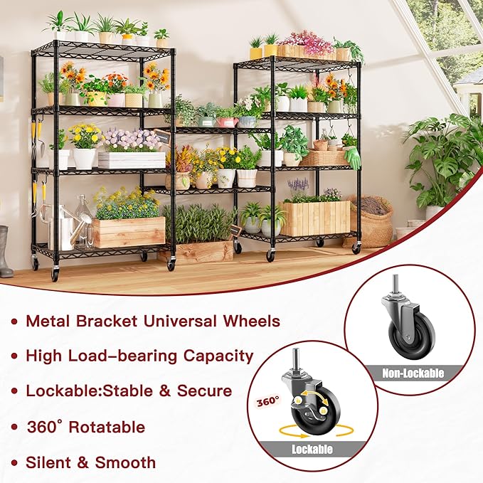 PrimeZone Wire Shelving Unit with Wheels, 5 Tier Adjustable NSF Certified Heavy Duty Metal Storage Shelves, Pantry Organizer Rack Rolling Kitchen Shelf for Closet, 24" W x 18" D x 75" H, Black, 2 PCS