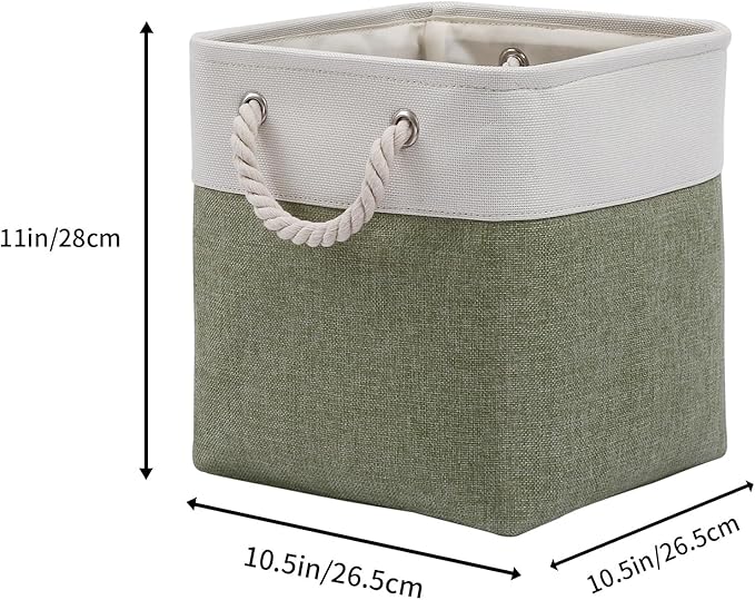 Fabric Storage Cubes, 11 inch cube storage bin with Handles, 11x11cube storage organizer bins, Collapsible Storage Bins for Shelves and Home, Cubby Storage Bins (white-green, 10.5x10.5x11in)