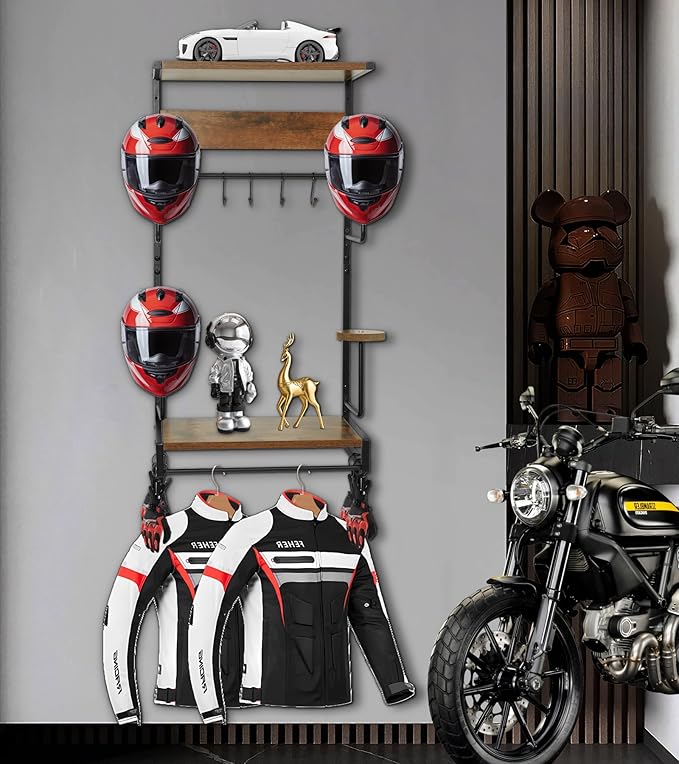 Motorcycle Helmet Rack Wall Mount, Retro Rust Helmet Holder with Wood Floating Shelf and Hooks for Storage