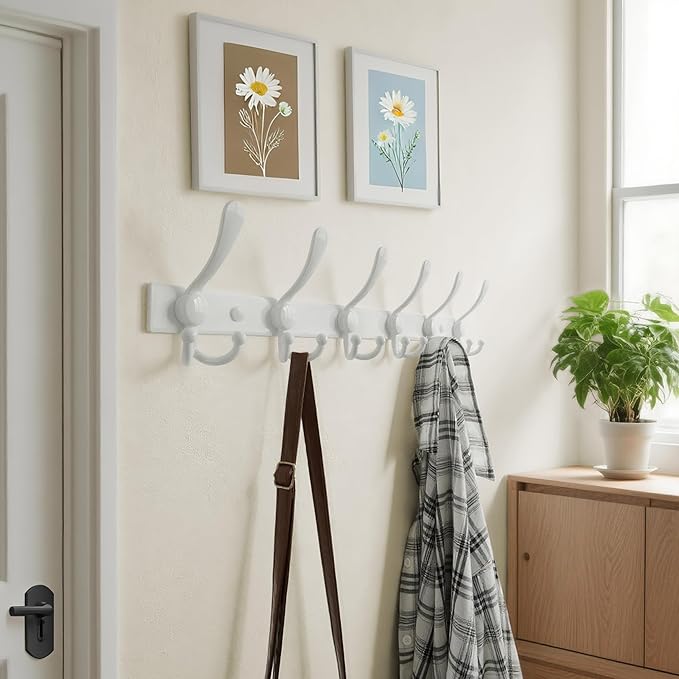 Dseap Coat Rack Wall Mount 2.0 Pro: 24” Long, 3X Tougher, Heavy Duty Stainless Steel Wall Coat Hanger with 6 Tri Hooks for Clothes Jackets Hats Entryway Closet, White