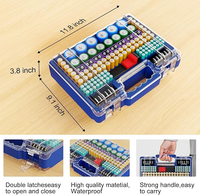Battery Organizer Storage Holder Box Case with Tester, Ultra-Large 262+ Batteries Container with Double-Sided, Holds AA AAA 4A 23A C D Cell 9V 3V Lithium 4LR44 CR3 CR123A 18650 (Blue)