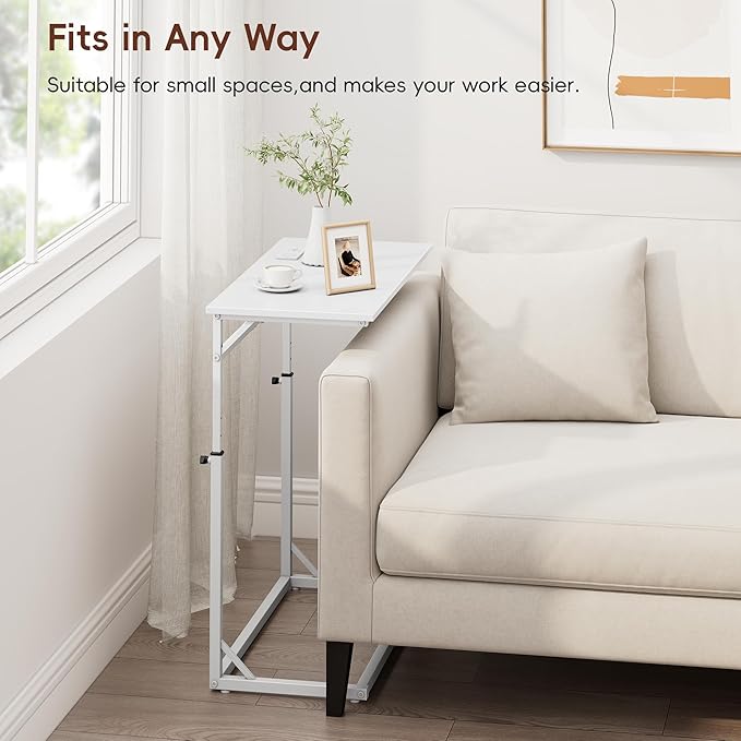 Vagusicc C Shaped End Table with Charging Station, C-Table End Table Adjustable Height Side Table for Couch, Large Couch Table, Slide Under Sofa Table TV Tray Arm Table for Living Room, Bedroom, White