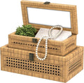 Rattan Decorative Box,Boho Display Boxes with Lids,Set of 2 Rectangular Wicker Storage Decoration,Natural Woven Cane Bins for Home Decor for Rustic Farmhouse(Natural)