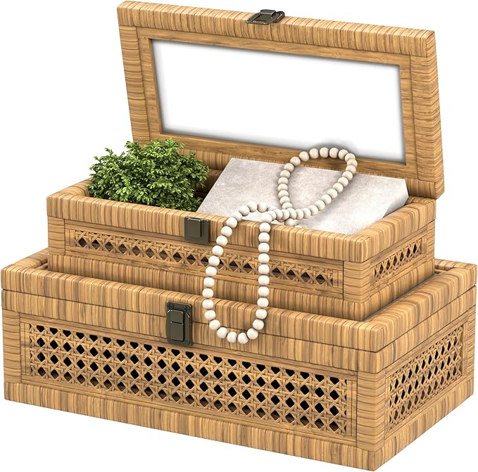 Rattan Decorative Box,Boho Display Boxes with Lids,Set of 2 Rectangular Wicker Storage Decoration,Natural Woven Cane Bins for Home Decor for Rustic Farmhouse(Natural)