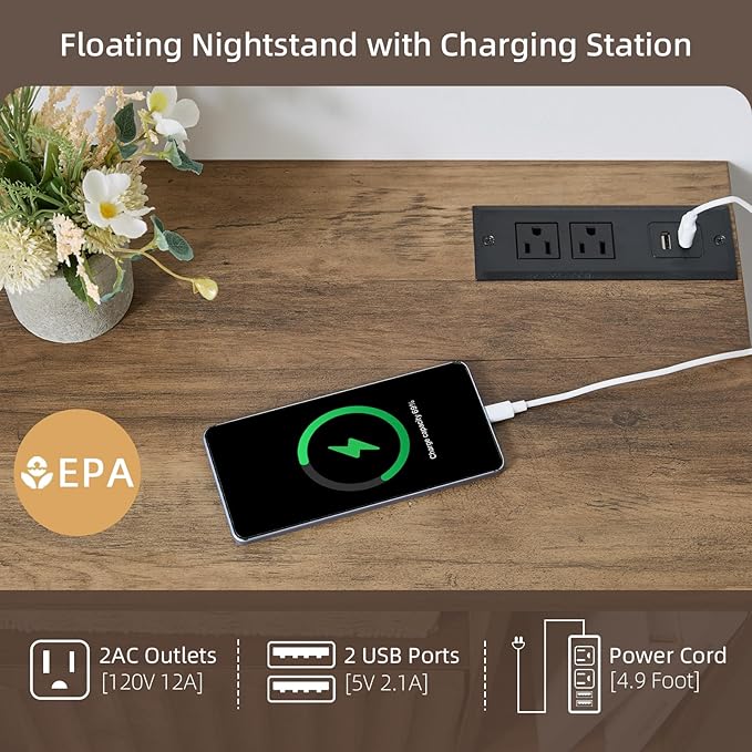 Modern Rustic Brown Fluted Floating Nightstand with Charging Station, NightStand with Drawers, Bedside with USB Ports and Outlets, Bedroom Furniture (Right)