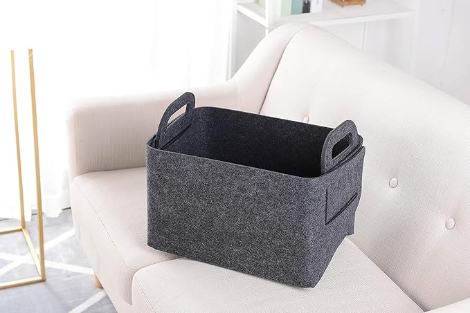 Minoisome Storage Basket Felt Storage Bin Collapsible& Convenient Box Organizer with Carry Handles for Office Bedroom Closet Babies Nursery Toys Laundry (Dark grey, 15.7inch（L）×11inch（W）×10inch（H）)