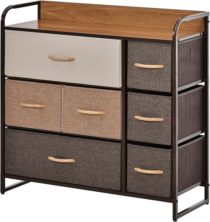HOMCOM 7-Drawer Dresser, Fabric Chest of Drawers, 3-Tier Storage Organizer for Bedroom Entryway, Tower Unit with Steel Frame Wooden Top, Maple Wood