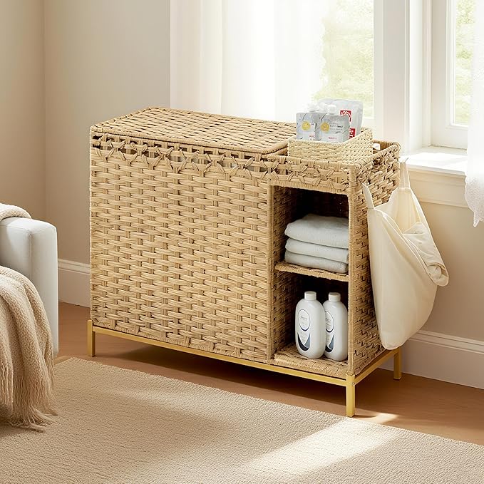 Laundry Hamper with Lid, 130L (34.4 Gal) Rattan Laundry Hamper 3 Section with 50L (13.2 Gal) Storage Shelf, Wicker Woven Laundry Sorter Basket with 4 Liner Bags and Handles, Gray GLH003G