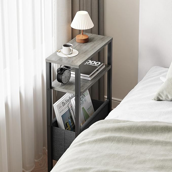 Narrow Side Table, Slim End Table with Magazine Rack, Bedside Table for Small Spaces, 3 Tier Sofa Couch Table Nightstand for Living Room, Bedroom, Oak Grey LET503Q