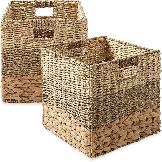 Casafield 12" x 12" Mixed Weave Storage Baskets, Natural - Set of 2 Woven Hyacinth Seagrass Wicker Storage Cube Bins for Bathroom, Bedroom, Laundry, Pantry, Shelves
