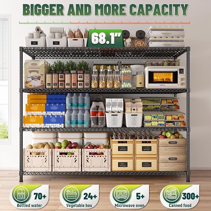 2500 LBS Storage Shelves 68.1"W Wire Shelving Unit, Garage Shelving Heavy Duty, Adjustable Metal Shelving for Garage, Pantry, Kitchen, Basement, Warehouse, Business 68.1"W x 20.9"D x 70.9"H