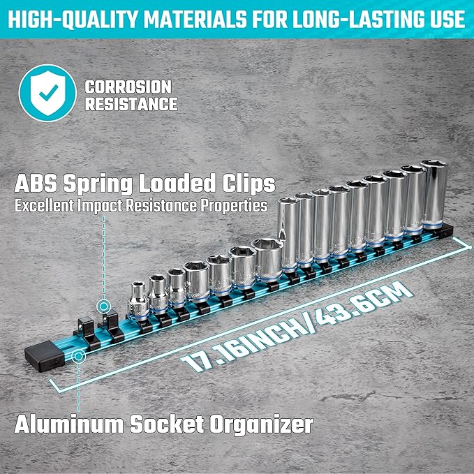 DURATECH Socket Organizer, 3/8-Inch Aluminum Alloy Socket Holder, Heavy Duty Socket Rail Hold 18 Sockets