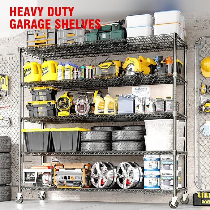 82" H Storage Shelves 3300LBS Heavy Duty Shelving Unit with Wheels & Feet, 5-Tiers Garage Shelving for Pantry Garage Kitchen Home Commercia, 82.6" H x 59" W x 23.9" D