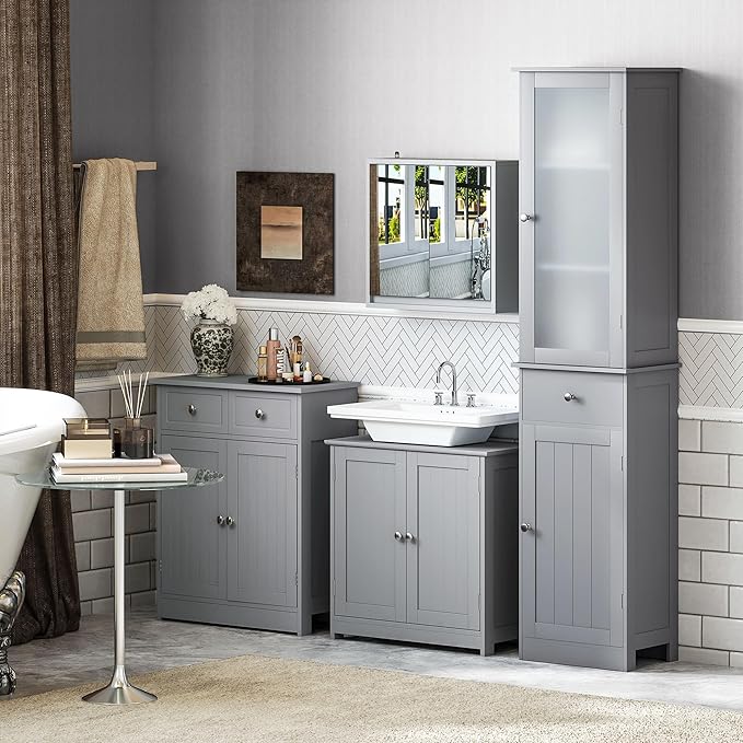 kleankin 23.5" Pedestal Sink Storage Cabinet, Freestanding Bathroom Under Sink Cabinet with U-Shape Cut-Out and Adjustable Shelf, Gray