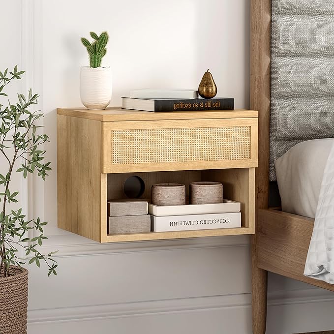 Rattan Floating TV Stands Set of 4, Wall Mounted Nightstands with Drawer and Open Compartment Modern Wood Bedside Night Stand Storage Cabinet for Living Room Bedroom, Natural Oak