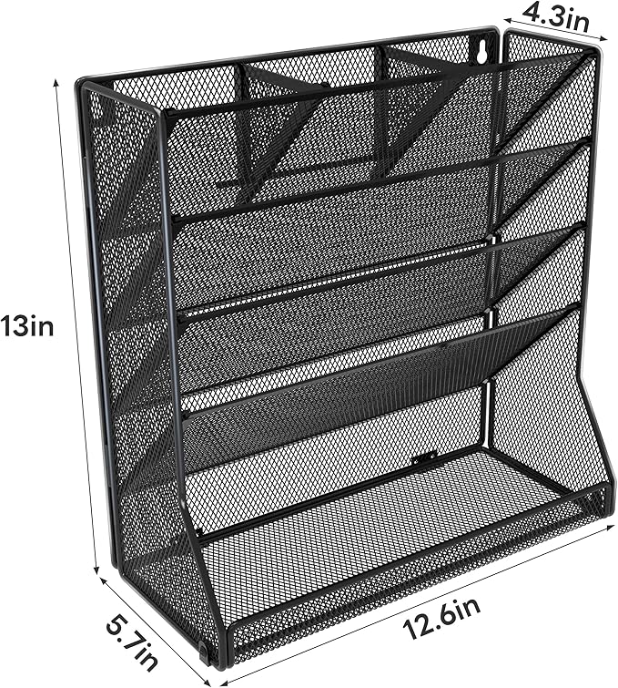 File Organizer Wall Mounted 5 Tiers, Durable Adjustable Metal Vertical Hanging, Stable R-Shaped Bottom 4 Pull-Out Deviders to Sort File,Mail,Newspaper,Pen, Suitable for Office,Black